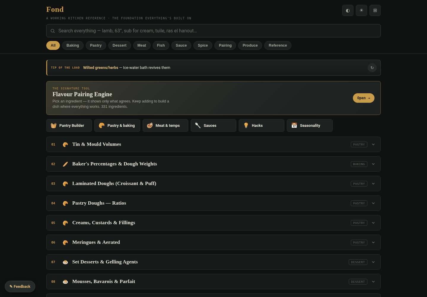 Fond's search-first home screen, with category filters and collapsible reference sections.