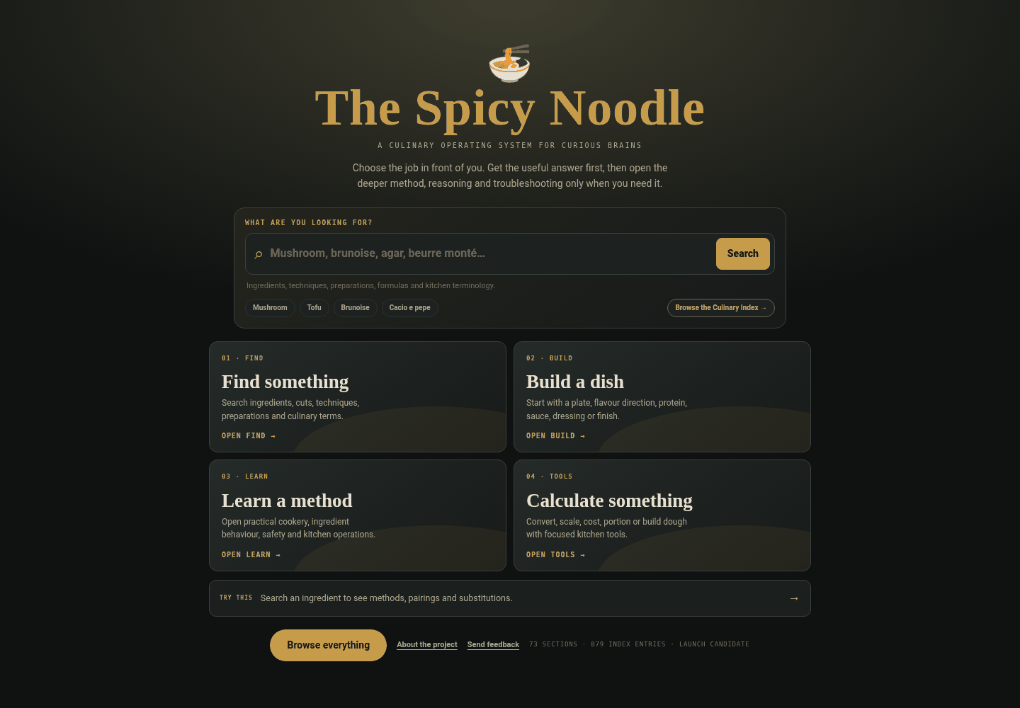 The Spicy Noodle home, reorganised into Find, Build, Learn and Tools workspaces.