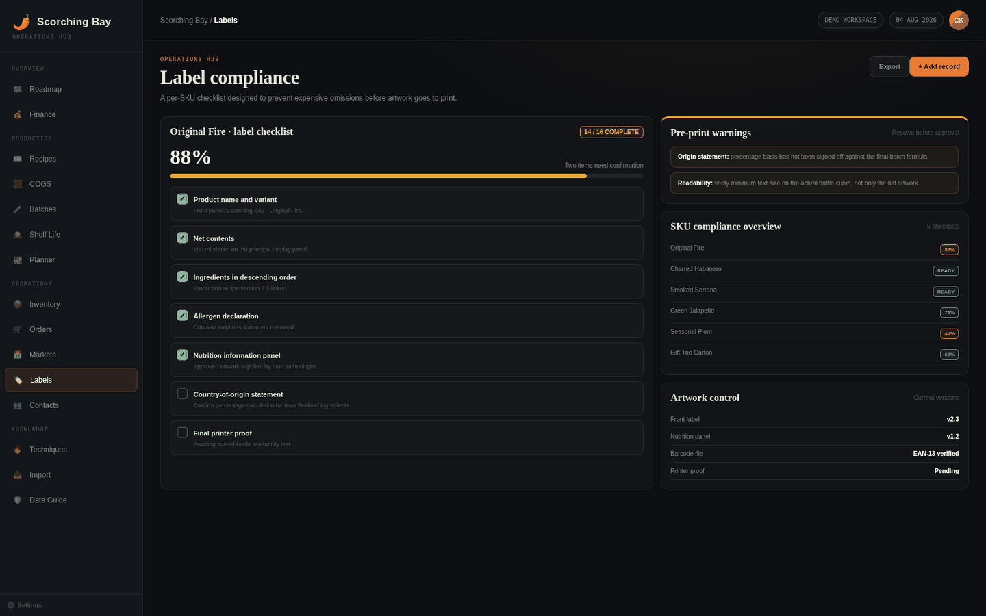 The Scorcher Bay label and compliance screen, assembling label requirements from recipe and compliance data.